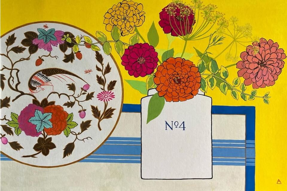 Boldly coloured painting of flowers in a jug with a decorative plate in the background.